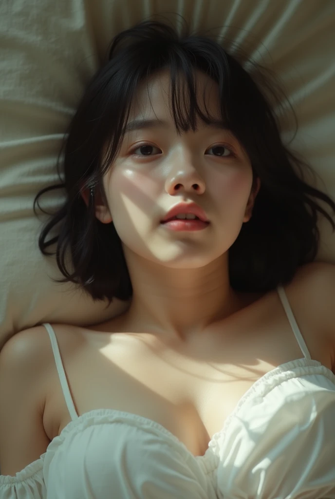 Beautiful short-haired Thai teenage girl on the bed, Wear a tank top, Looks a little sick , Take a selfie ,Breasts that are too large for their age