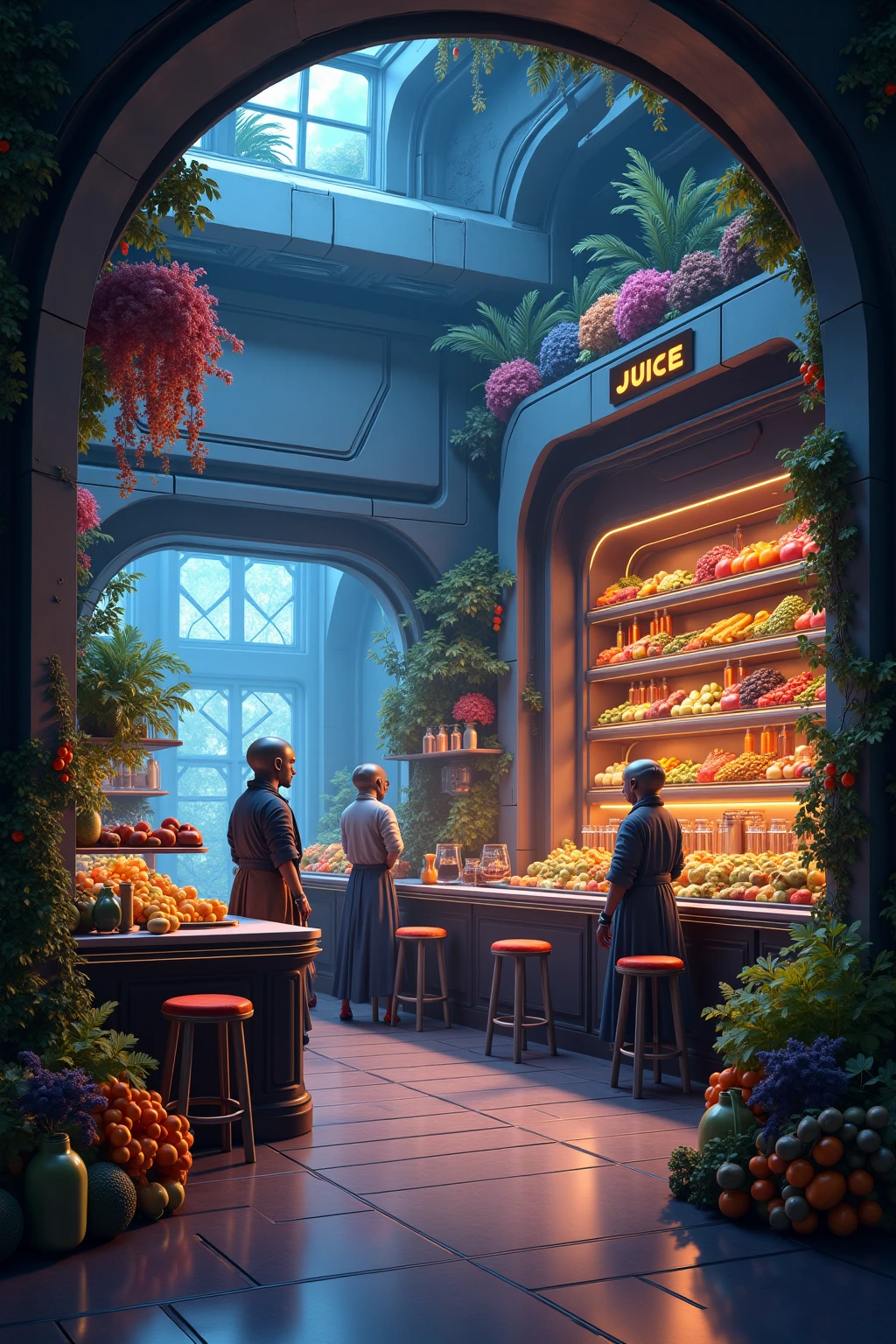 The mysterious magic fruit juice shop in the future of the universe, galaxy fruit shop, juice shop science, has an alien star wars, super high-tech juice juicer