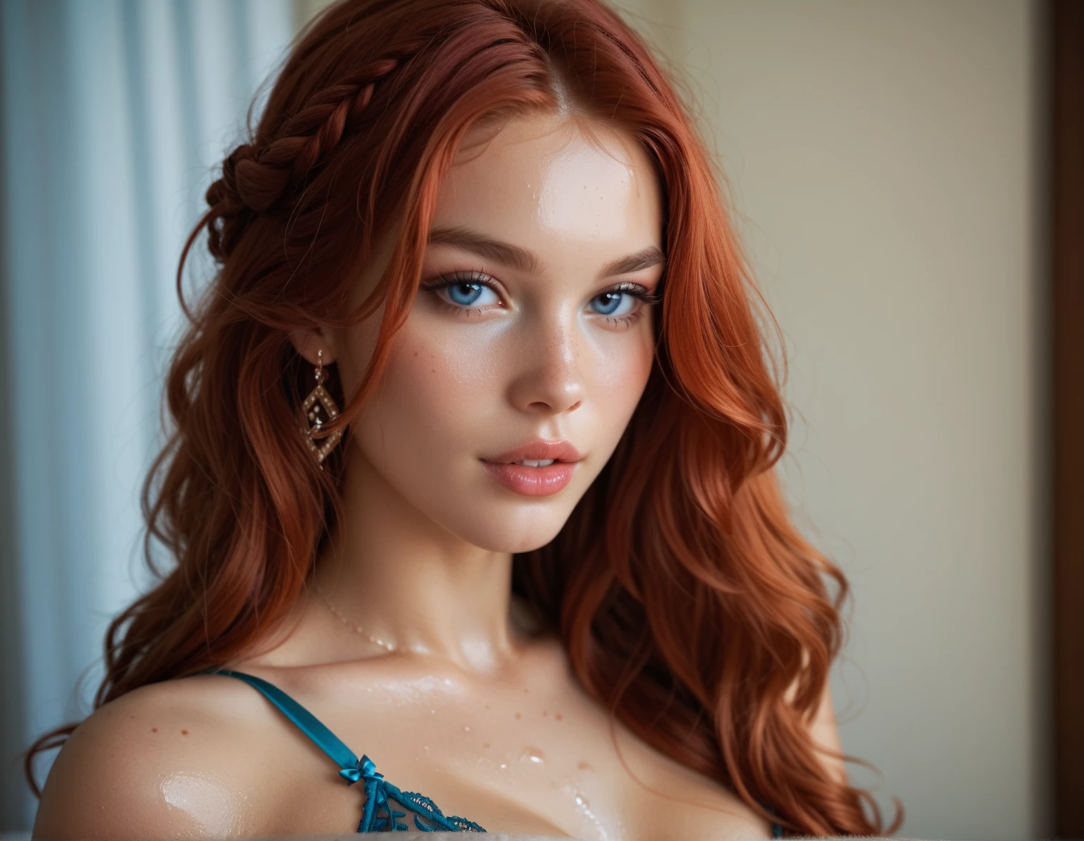 score_9, score_8_up, score_7_up , Redhead wearing a detailed embroidered dress taking a stunning blurry selfie
