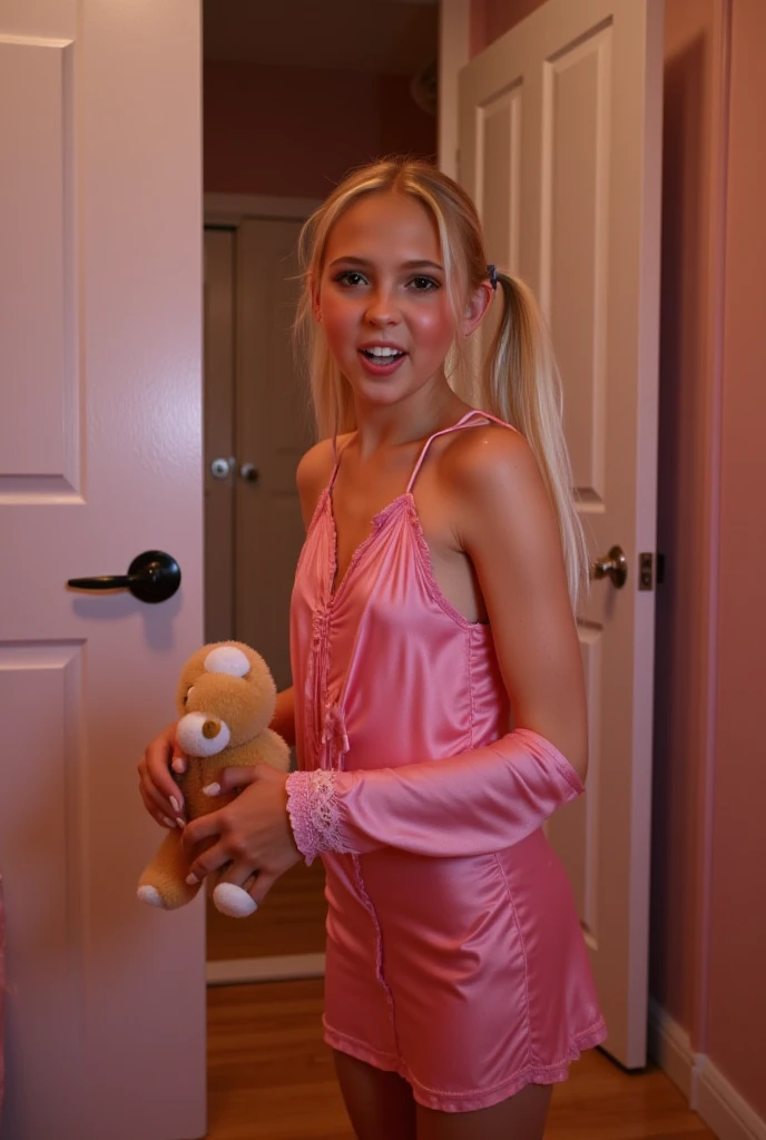 Sexy young college girl in white and pink skimpy witch costume, ultra sheer brown classic high gloss pantyhose ((flesh colored pantyhose))), cute pantyhose feet, large POV dock between her sheer high gloss tan pantyhose, UHD, ultra high res.photorealistic:1.4