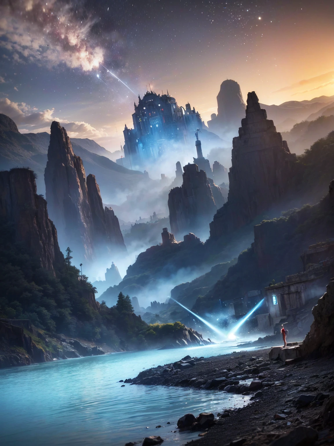 Realistic Photo, Sharp focused objects and images, Hyperrealism, lifelike photography pushed to the limits of the extreme reality, (8k, highest quality, masterpiece, final fantasy style: 1.2), ( photoRealistic: 1.37), Dreamy landscape, Fantasy, Unsurreal landscapes, Super detailed, Flying Castle, Floating Island in the Sky, Seven-colored swirl of light, Intense lightning, milky way, Complex Light, Colored light, Large Lake, Starry sky reflected on the lake surface, Countless shining stars, Meteors,  Reflections , (A pillar of light emanated from the ground:1,2), roses and orchids gardens , sunset, pink clouds, waterfalls in the sky, realistic style, Hyperrealism drawing, a flying pirate spaceship floating at the clouds level, burning skyscrapers, timeless realms, stunning  princess  ,  casting spell, healing light magic effect, in a magical lagoon of the fairyland, crystal clear water surface reflections, sharp focus, looking at viewer, (close-up:0.9), (bright white theme:1.2), (bright white tone:1.2), (deep blue tone:1.3),((( realistic, Hyperrealism, vivid colours , epic landscapes  , science fiction themes))), 