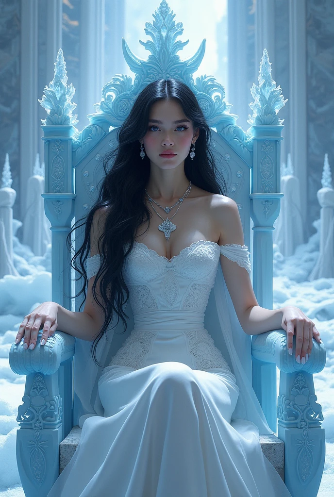 ((A close up)) of anime teen girl, (((((sitting down in a throne of ice))))), (mostly naked), ((barefoot)), (cinematic light), skin is perfectly white, soft, and smooth, ((no nsfw)), Extremely delicate and beautiful CG illustration, small thigh, slim body, best quality, high resolution, dynamic angle, full-length lens, (((1 girl))), (detailed eyes), soft light, high-key lighting), glowing light, feathers fluttering background, blue crystal, ((blue glowing ring around her ankle)), (((wearing (only) a white (transparent) tank top)))