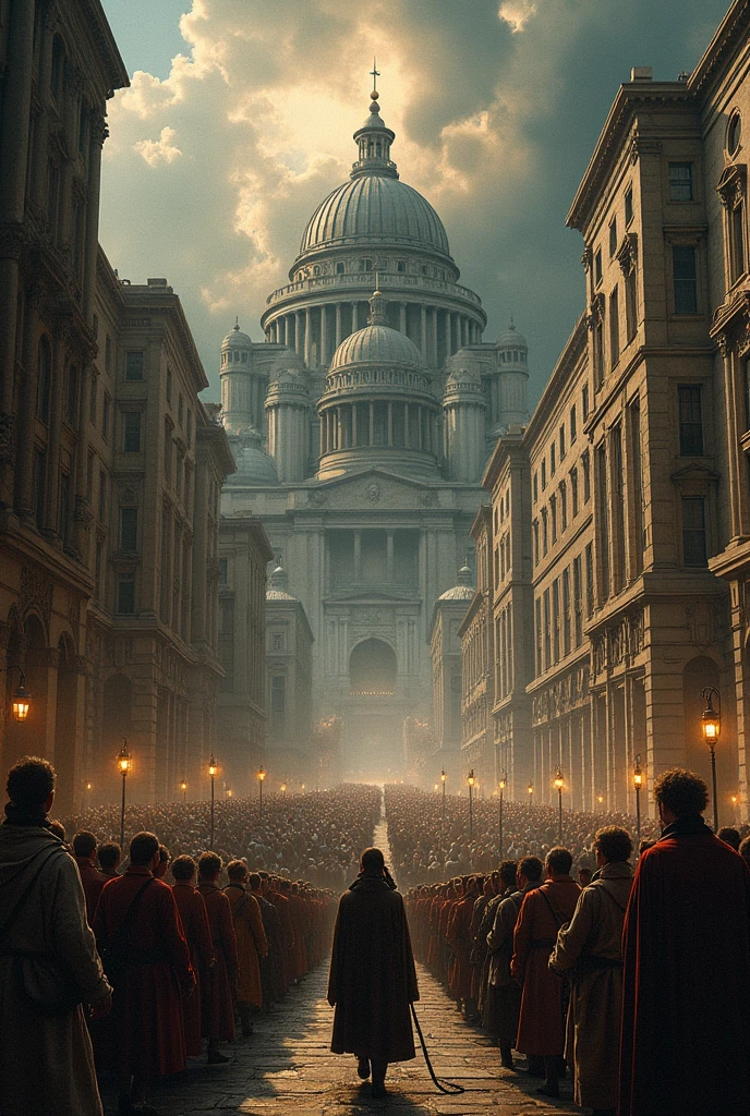 "A powerful and symbolic scene that illustrates social repression through hierarchies. A palace or government building overlooks a crowded city square, as ordinary people struggle under a huge weight, invisible chains representing laws, Traditions, and social expectations. Rich elites watch from balconies above, Separate from suffering below. At the front, Individuals try to break free - philosophers, Rebels, and workers pushing against power barriers. The color palette contrasts between dark, dark colors with lines of light symbolizing hope and resistance. The pattern is inspired by history, invokes the Enlightenment's criticism of tyranny and inequality."