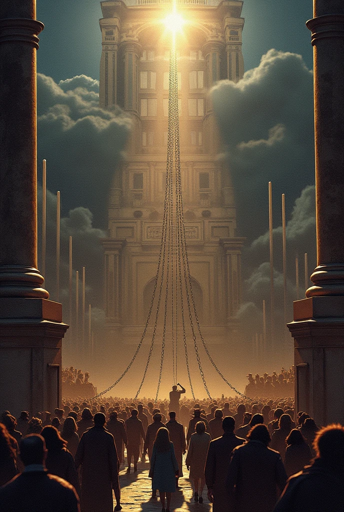 "A powerful and symbolic scene that illustrates social repression through hierarchies. A palace or government building overlooks a crowded city square, as ordinary people struggle under a huge weight, invisible chains representing laws, Traditions, and social expectations. Rich elites watch from balconies above, Separate from suffering below. At the front, Individuals try to break free - philosophers, Rebels, and workers pushing against power barriers. The color palette contrasts between dark, dark colors with lines of light symbolizing hope and resistance. The pattern is inspired by history, invokes the Enlightenment's criticism of tyranny and inequality."