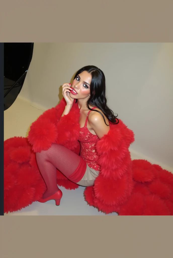 2 heads,Photo of a 50-year-old woman with brown hair, a captivating gaze, Brown eyes, Wrinkles on her face, Black pantyhose,Black High Heel Boots,She wears very sexy lingerie underwear、、Revealing her large sagging breasts, Light makeup and red lips. 32K