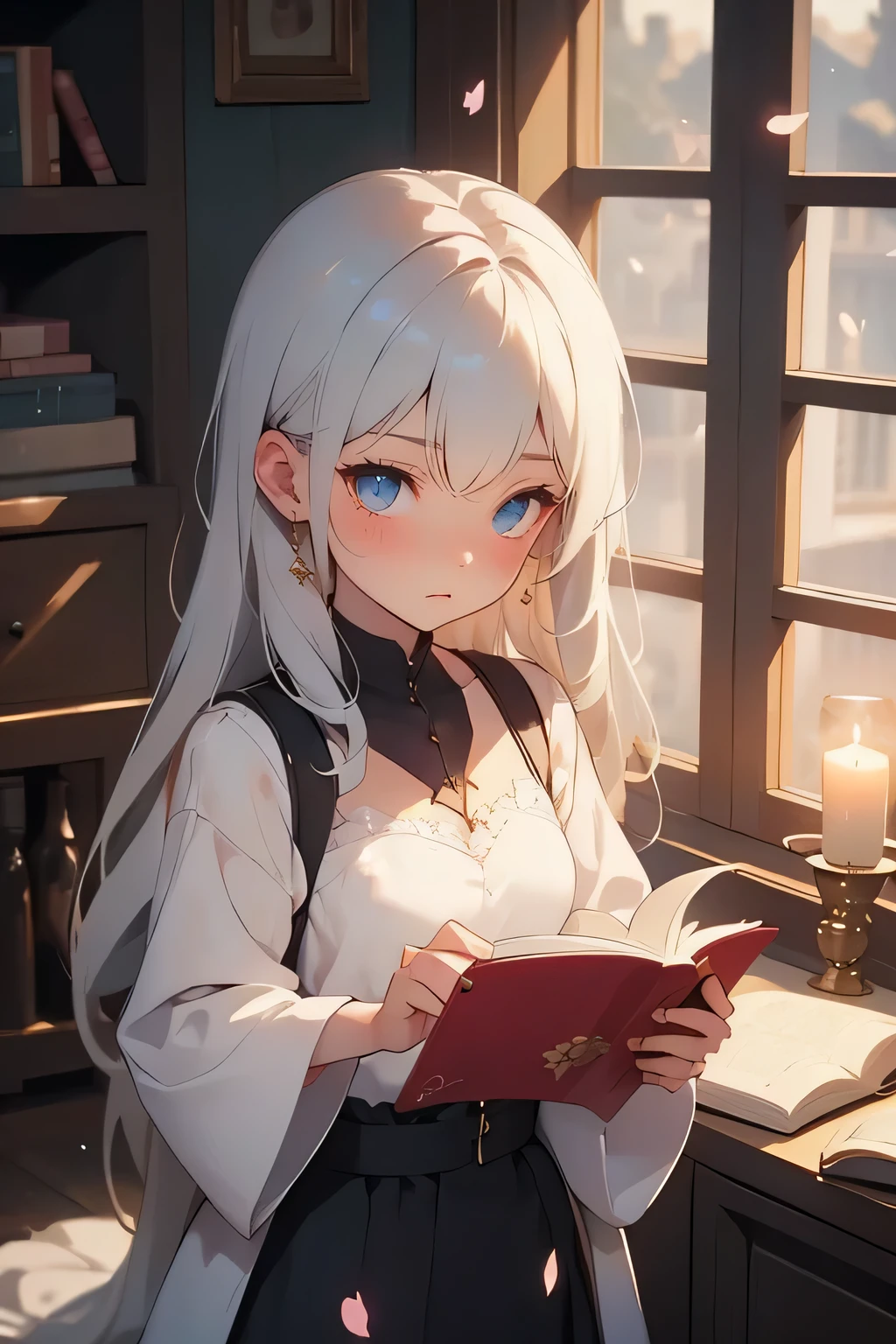 In a dimly lit room, under the warm flicker of a single candle,
a silver-haired gothic girl carefully places a folded letter into a book —
not to hide it, but to preserve it.
Her eyes reflect both relief and a quiet determination,
as if the weight she carried has finally been shared.
Behind her, an open window lets in the night breeze,
carrying the faint scent of cherry blossoms,
and with it — a promise:
『We’ll write this story together.』
