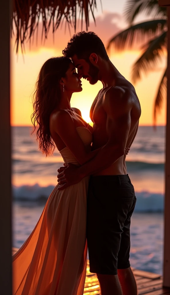 novel book cover, dramatic realistic style , warm shades of orange and purple, oceanfront setting at dusk. A brown woman (39 anos, elegante, a light dress flowing at shoulder height) and a young man (21 anos, musculoso, wet t-shirt) are intertwined on the porch of a beach house, intense eyes full of desire. The light of the setting sun illuminates your bodies, creating contrasts of shade and sensuality. Ao fundo, waves crashing in the sand and palm trees swaying in the wind. Estilo: photographic, with a cinematic and sensual atmosphere, realistic details of moist skin and light fabrics.