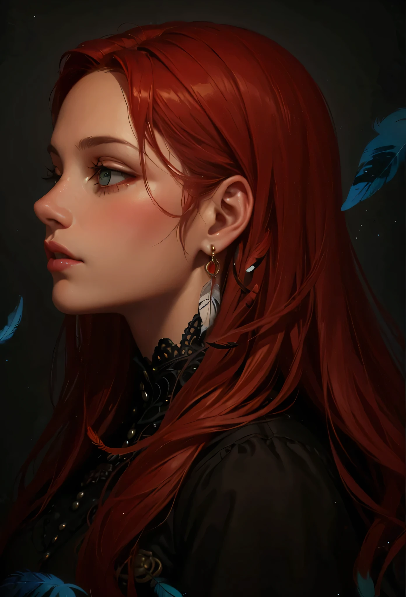 painting of a woman with red hair and a black shirt, charlie bowater character art, charlie bowater rich deep colors, style of charlie bowater, charlie bowater art style, neoartcore and charlie bowater, gorgeous digital painting, fantasy art portrait, in style of charlie bowater, in the art style of bowater, graphic artist magali villeneuveHD, (Best Detail), (Best Quality), Detailed Features, (Colored Feathers:1.5), Metal Ornaments, Particles, Light, (Fractal Art: 1.1), (Colorful: 1.1), Highest Detailed, (Zentangle: 1.2), (Abstract Background: 1.3), (Shiny skin), (many colors:1.4), (feathers:1.4),