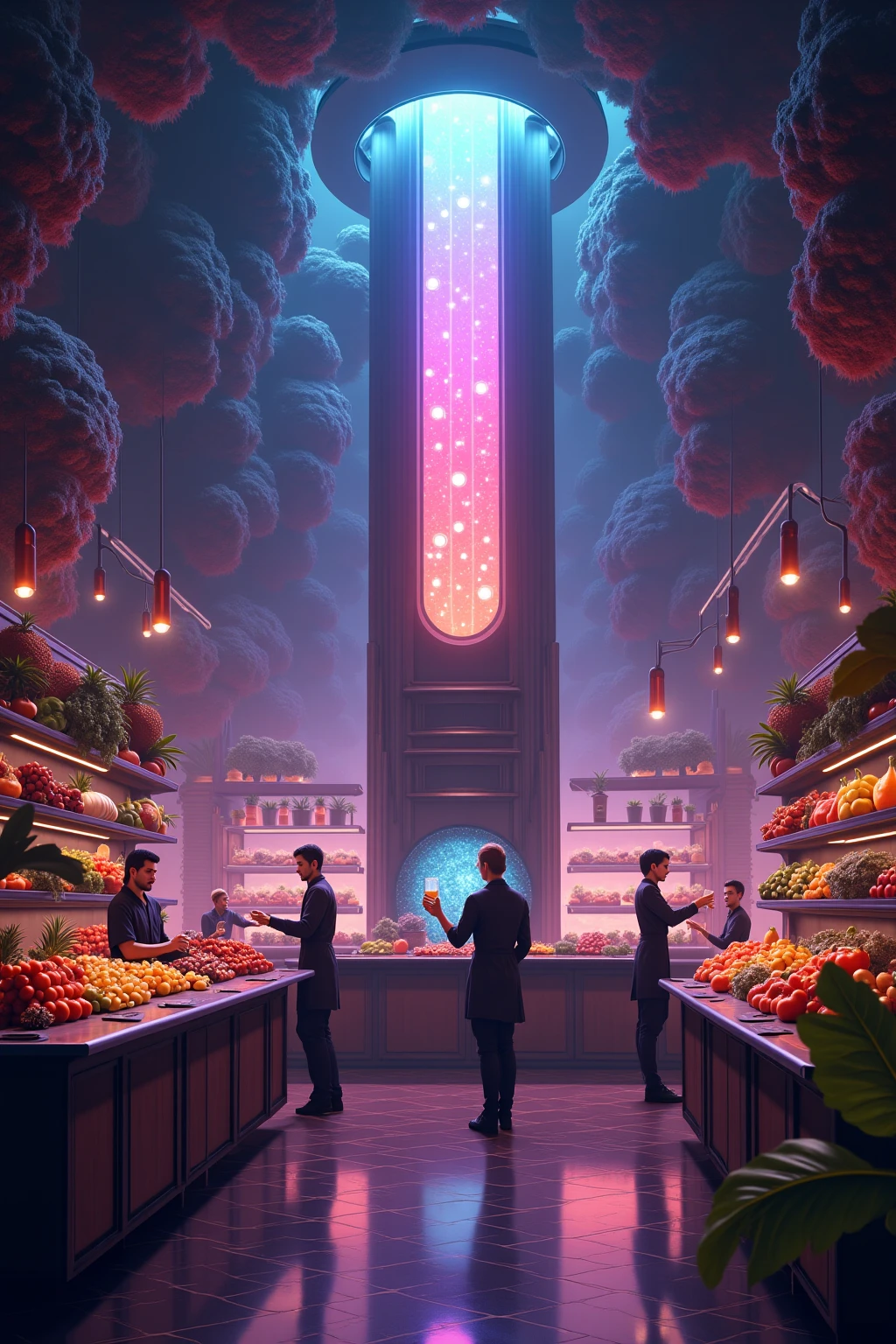 Future mystery fantastic fruit juice shop in universe, galaxy fruit shop, scientific fruit juice shop, there is a allien battle war among the galaxy, super hitech fruit juice machine