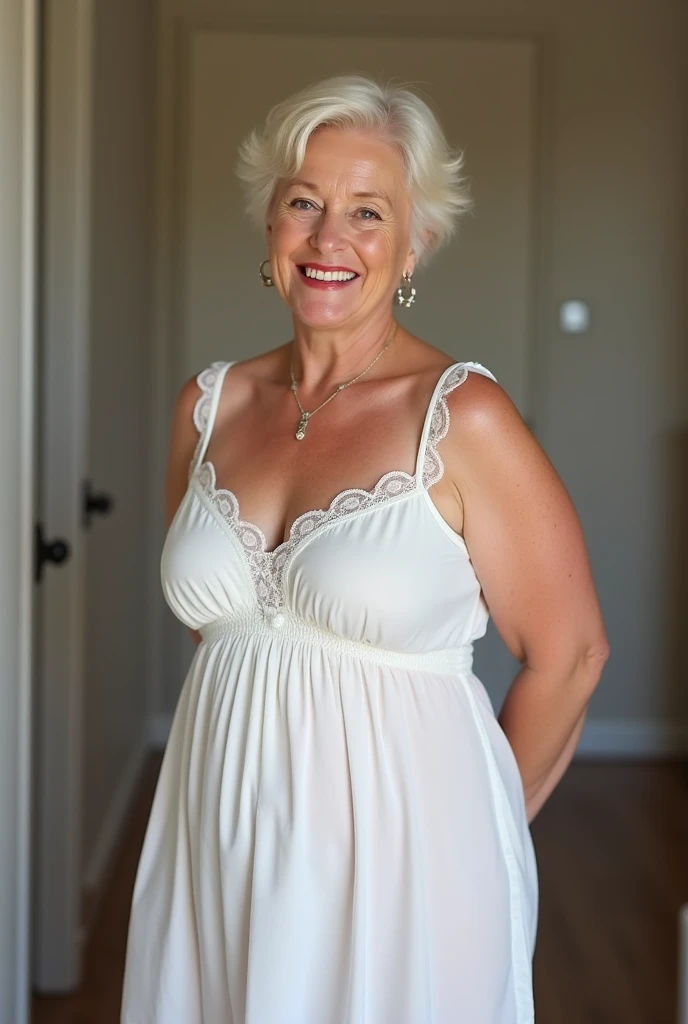 A realistic, photorealistic image of Felicidad, a 60-year-old Finnish woman with a Scandinavian background, (((white blonde and medium length hair))), smiling and enjoying, posing inside the mansion over the hilltop, upper body and upper legs, (((round face))), (((thin hairline))), (((breastbones)))