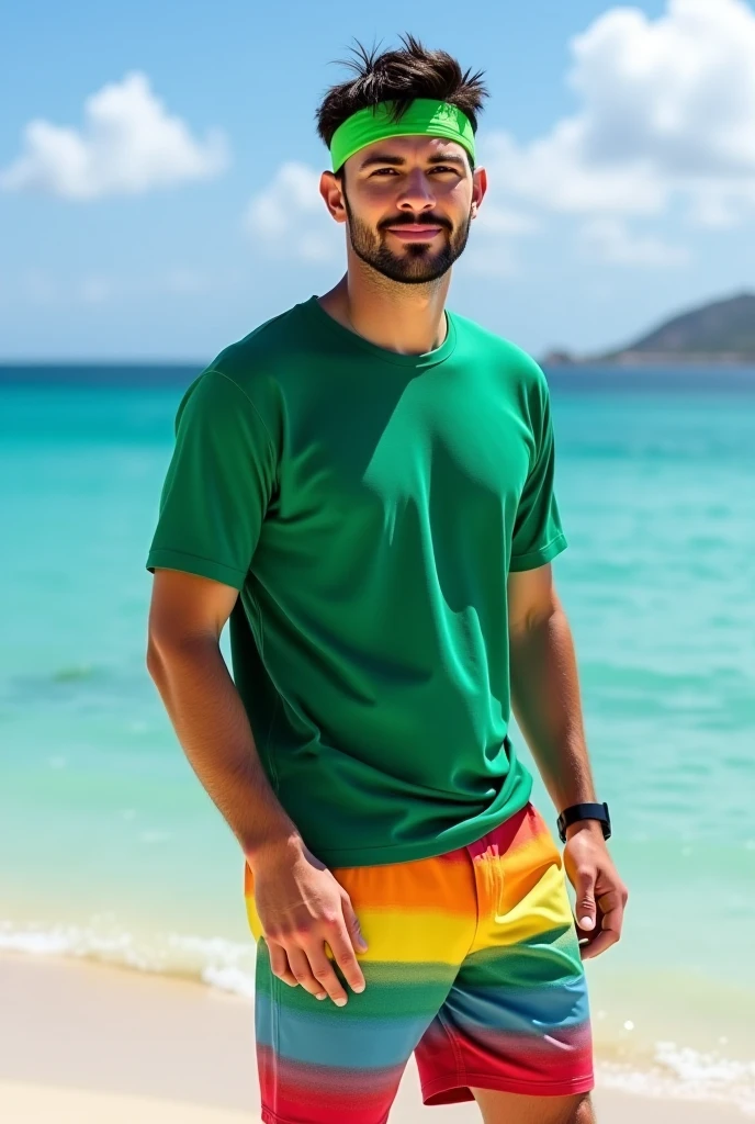 A handsome 27-year-old tall white young man in a men's fashion show on the beach shore wearing a green, yellow and blue Brazilian swimsuit with a beach ball in his hand. Many people applaud him and bubbles are around him. Tight boxer shorts in the colors of the Brazilian flag. Unshaved, white, tall with black hair flaquito