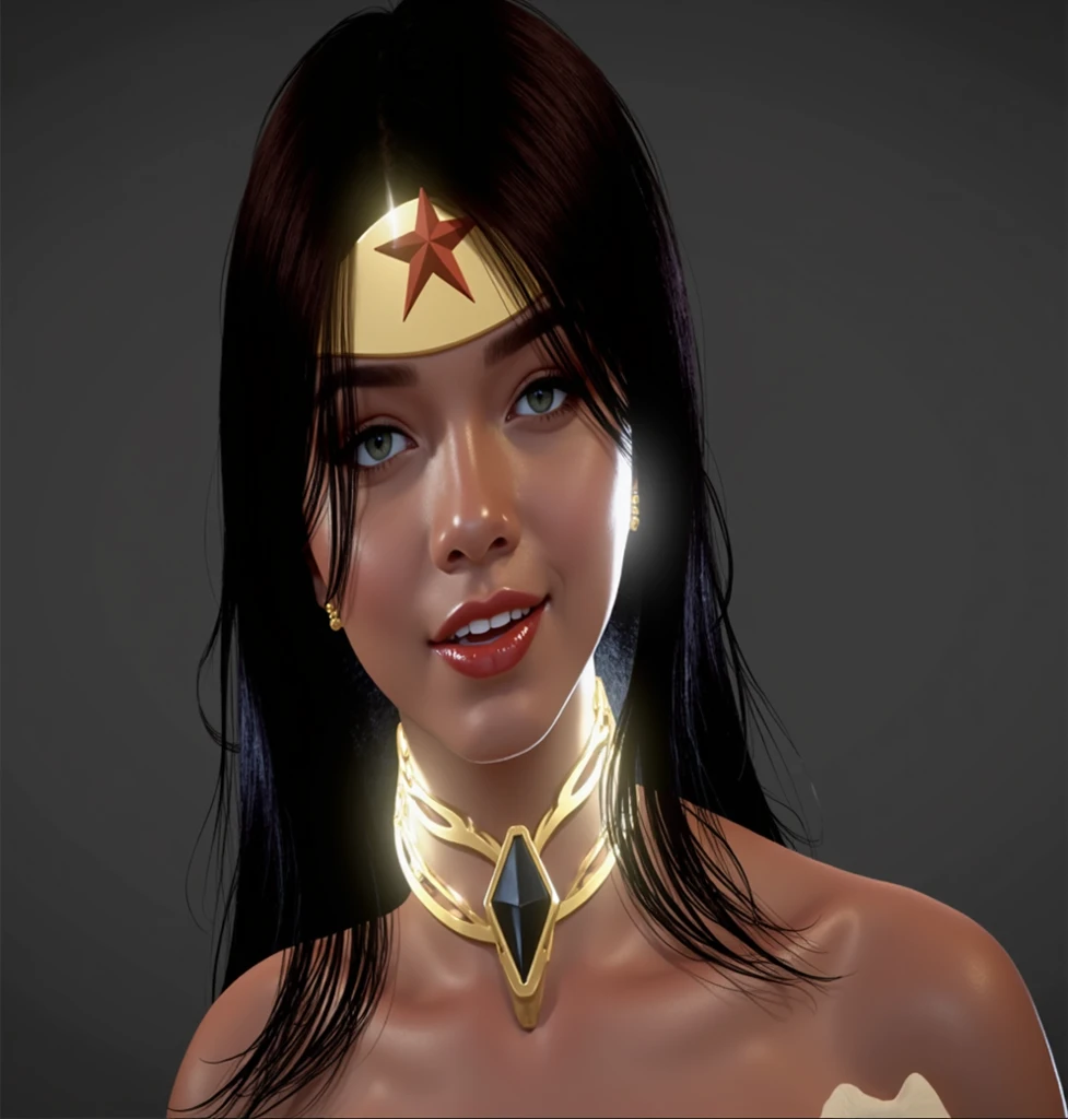 Face beautiful blue eyes black hair, showing pussy wet, makeup, nsfw, big breasts detailed perfect 3D rendering  wonder woman 
