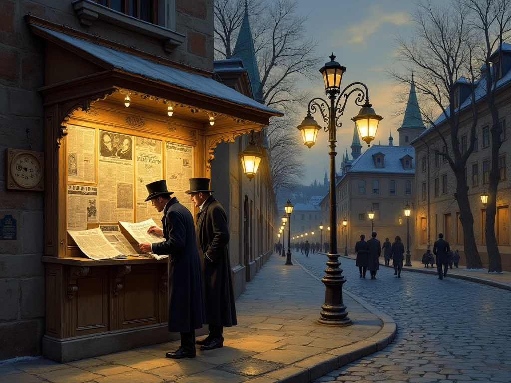 Please draw two gentlemen at a newspaper kiosk, carefully studying the latest news. The painting should be in the style of a 15th-16th century color engraving. It's evening in the painting: twilight, lighted lanterns