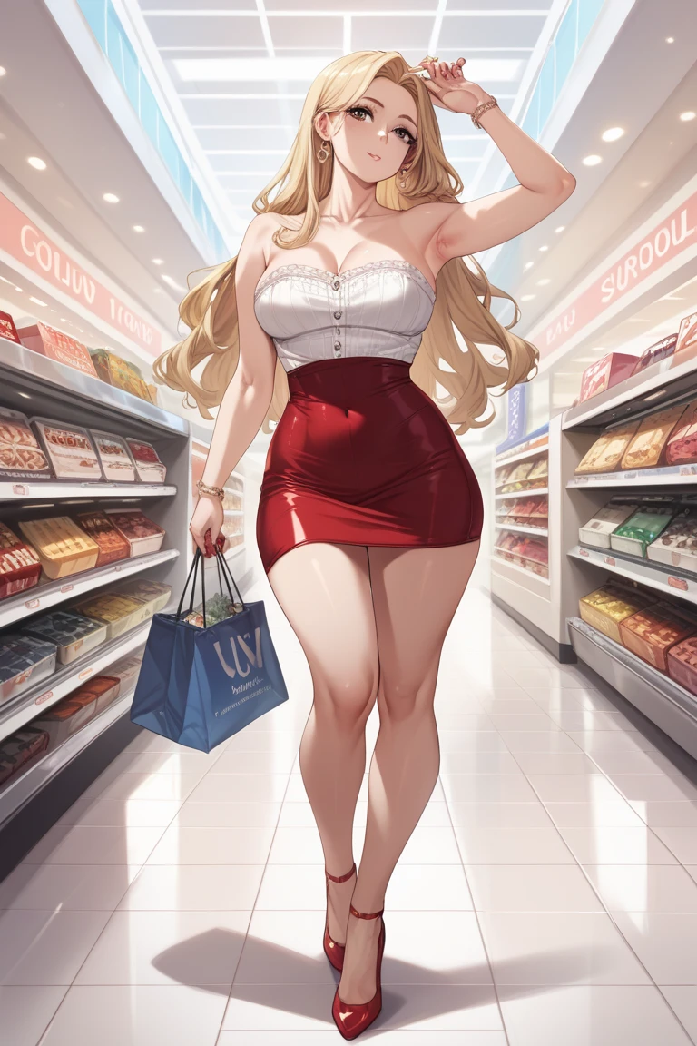 1 woman, long wavy orange hair, green eyes , sly face , glasses , white tank top , black bikini , abdomen, big breasts , Long legs , Put your hands on your hips. , canvas shoes , convenience store