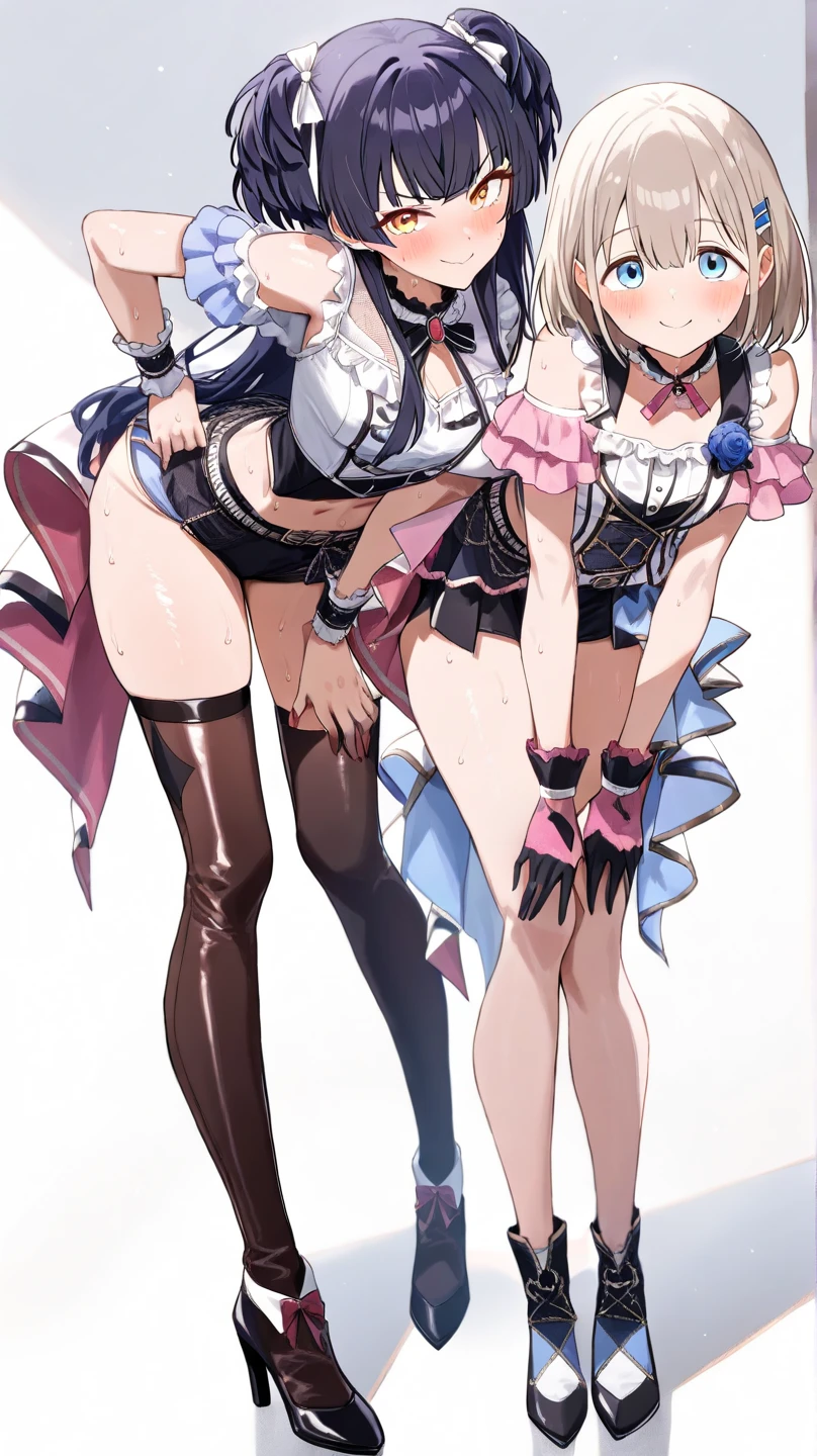 (((focus panties))), (I look up at the five girls from the ground.)、(Five girls are standing in a circle around me, looking down at me.)、circle、(seductive grin), (((5 giant girls)))、((angle from below)), 5 young face, (thighs), 5panties, belly button、(angle from under 5 girls),baby face,mesugaki,maid dress,