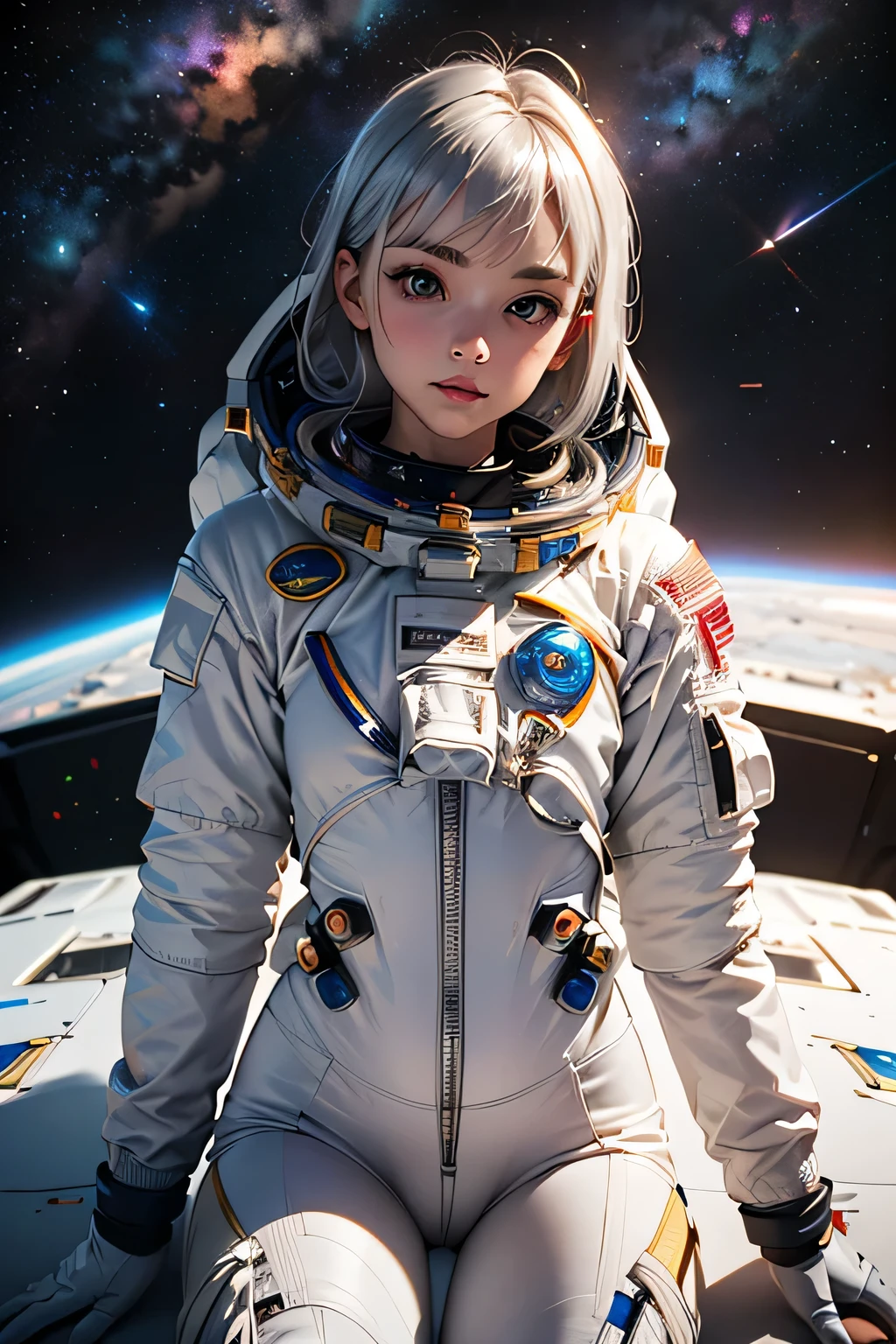 perfect anatomy　Top Quality,highest resolution,(((white spacesuit with metallic luster　Shiny Silver Hair　long hair)))　unlimited routes　Space Opera　spaceship　cockpit　cool