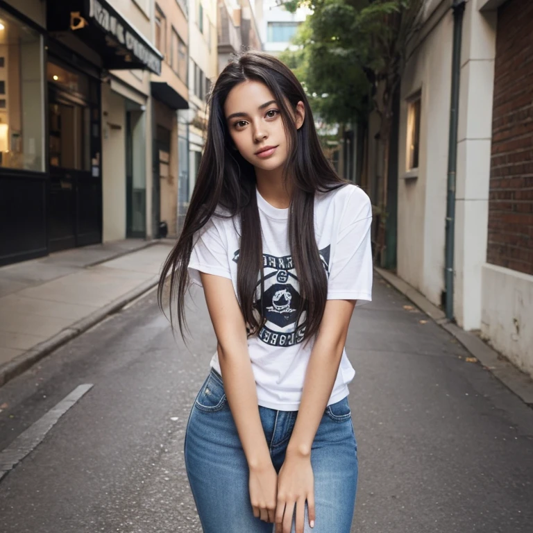 Fotorrealista, high resolution, 1 mulheres, mulher madura, Sozinho, Quadris para cima, joia, cabelo ondulado, cabelo longo, roupa de rua, Camiseta, fechar-se