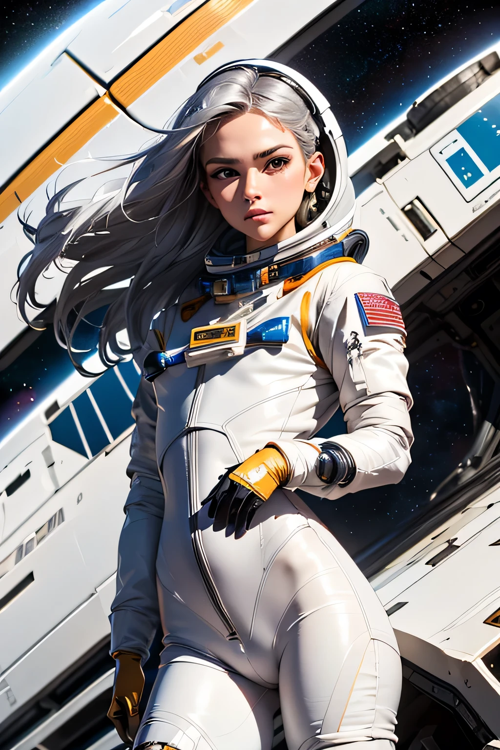 perfect anatomy　Top Quality,highest resolution,(((white spacesuit with metallic luster　Shiny Silver Hair　long hair)))　unlimited routes　Space Opera　spaceship　cockpit　cool
