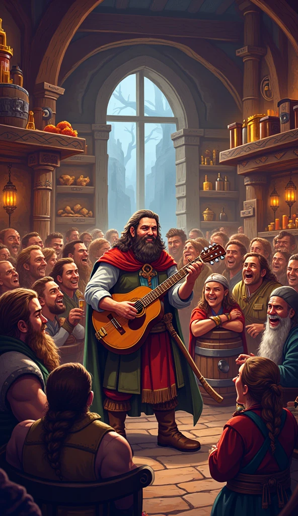 "Bard playing lute in a crowded tavern, clientes (dwarves, humanos) rindo, Details of barrels and food, 32 bit pixel art