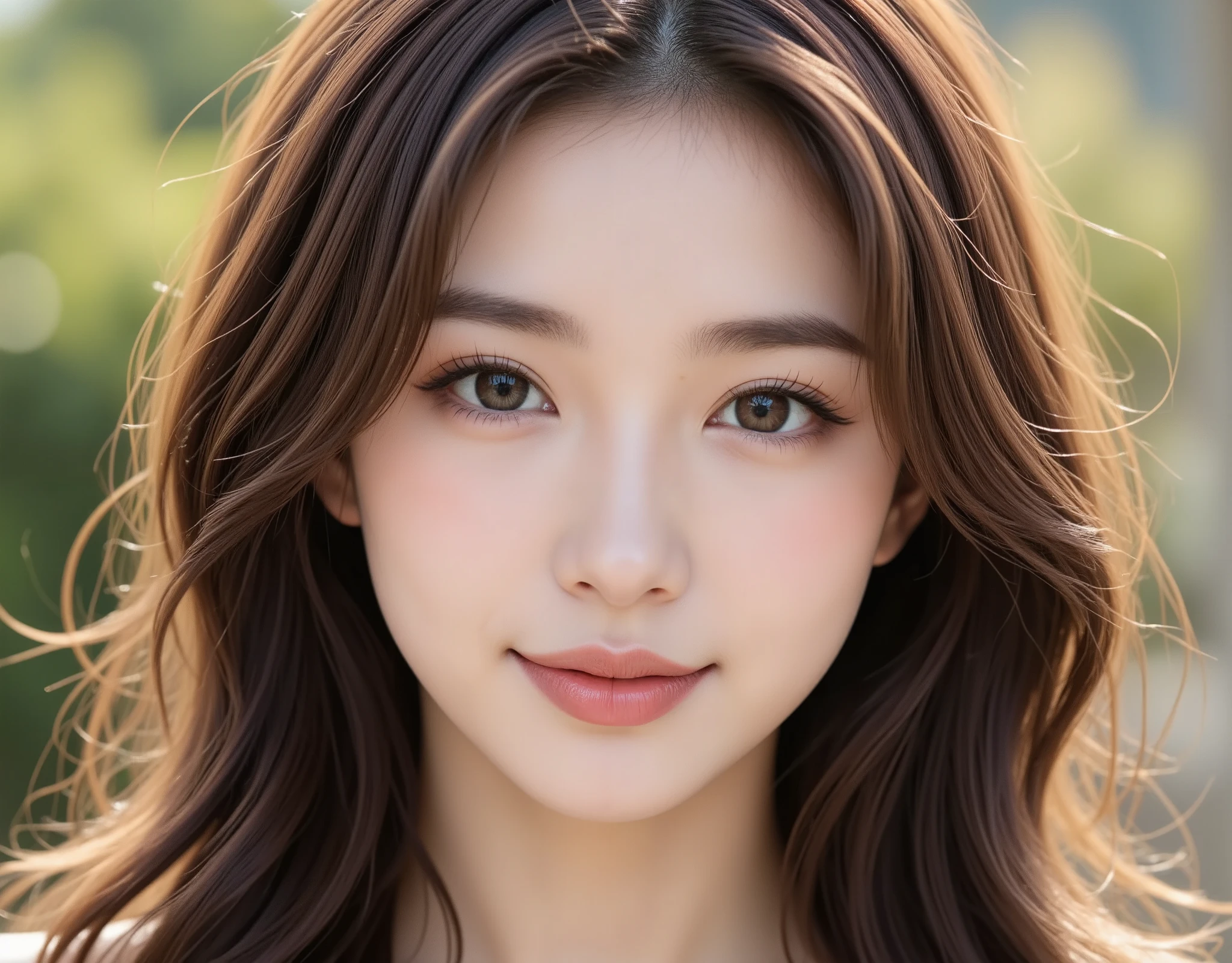 NSFW, (Highest quality), (Ultra-precise CG 16K wallpaper), (Realistic), (High saturation), (Sharp), Beautiful detailed shading, Beautiful natural lighting, Beautiful detail glow, (Late afternoon sunlight), Natural light, Depth of field, (Mature 24 year old woman, One person), (Very beautiful Japanese face), (Soft wavy long hair), (Shiny brown hair), (Sparkling eyes), (The woman is smiling: 1.4), (The woman is looking at me), (Close-up of the woman's face), (Image of a woman seen from the diagonal front),