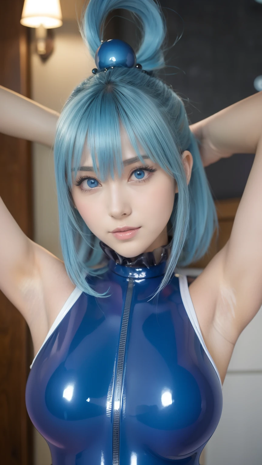 (((Adult Woman))), ((Best Quality)), ((masutepiece)), (Detailed: 1.4), (Absurd), Genesis evangelion neon style clothing, bobhair, cybernetic hands, pastel, Centered, scale to fit the dimensions, Ray tracing,Hyper-Resolution, Anisotropy Filtering, Multilayer textures, accurate simulation of light and material interactions, Perfect proportions, Wide aperture, Crysisnanosuit,Blue hair, Blue eyes, Hyper Realistic