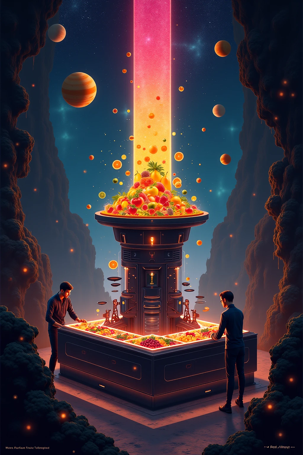 Future mystery fantastic fruit juice shop in universe, galaxy fruit shop, scientific fruit juice shop, there is a allien battle war among the galaxy, super hitech fruit juice machine