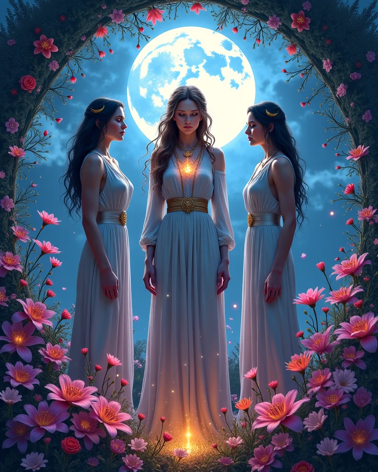 Mother, maiden and  crone, surrounded by night blooming flowers wiccan pagan imagery in yhe style of #Laura H Rubin
