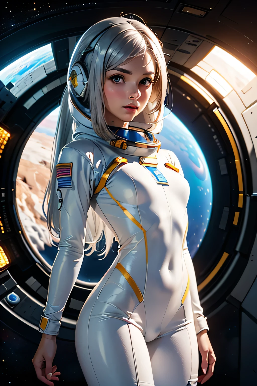 ((work of art)), ((best qualityer)), (detailded), perfect, alone, gorgeous  woman, Delicious lips, hair blonde, sexly, fully body, delicious. She is riding in a spaceship traveling outer space.
