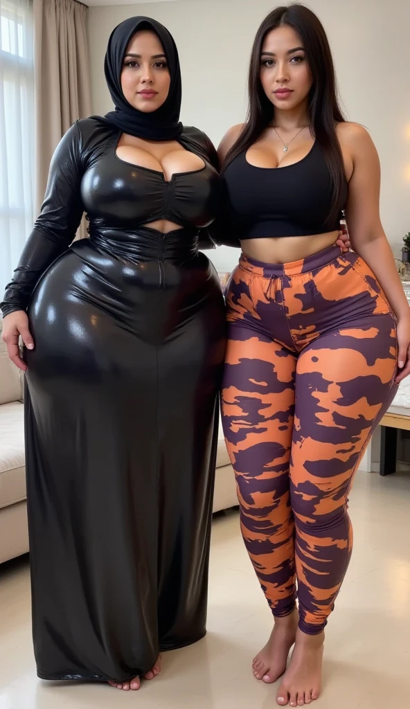 two women in bodysuits walking down a marble floor, full body and face, “ full body, ( ( dark skin ) ), black-white skintight robes!, intertwined full body view, robes! intricate, full body detailed, body meshes, ( ( brown skin ) ), (((intricate))), detailed full body, full body! shot, full body;