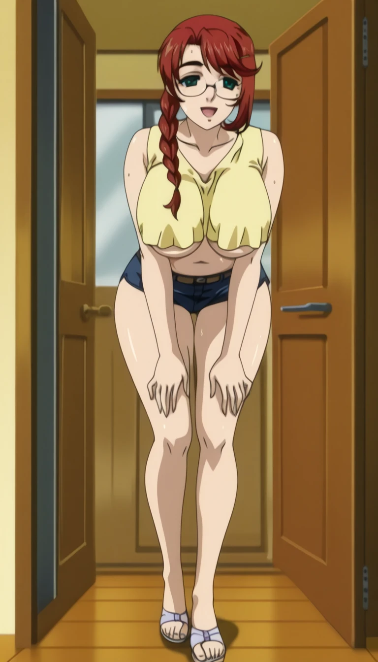 (masterpiece, highres, high quality:1.2), cinematic lighting, detailed, colorful, 
NaomiSakamoto, 1girl, mature female, standing, full body, (covering breasts, covering crotch, knees together feet apart:1.2), 
 looking at viewer, (embarrassed:1.2), (blush:1.1), (shy:1.1), teeth, 
orange hair, long hair, lipstick, purple eyes, jewelry, (mole under mouth:0.8),
blue shirt, short sleeves, bikini bottom only, side-tie bikini bottom, barefoot,
curvy, breasts, thighs, midriff,
indoors, school gym, day, sky,
<lora:NaomiSakamoto:0.9>