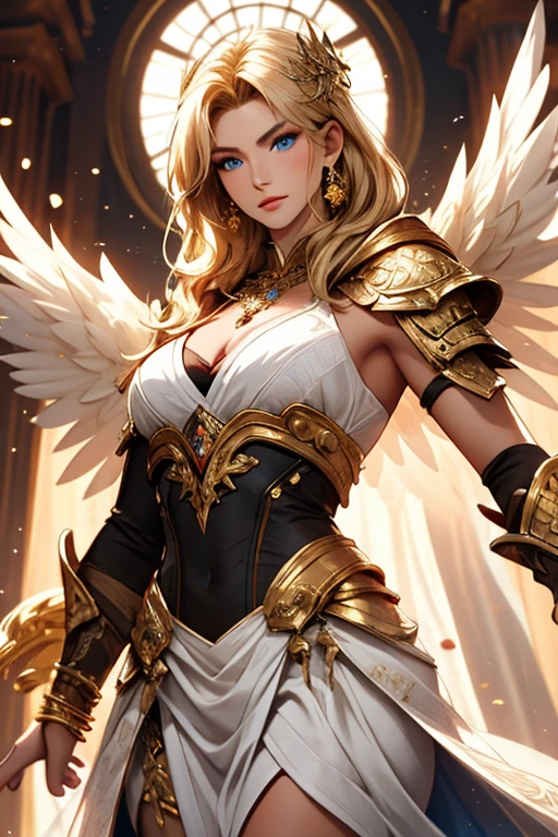 ((best quality)), ((masterpiece)), (detailed), Perfect body,Close-up of a woman wearing a golden costume with wings, Angel golden armor, The majestic angel, angel knight girl, Final Fantasy Tactics Characters, Mysterious Atlantean Valkyrie, as a Mysterious Valkyrie, Seraph, Maple Leaf Story Character Art, With fiery golden wings, Golden Wings, April Rendering, Mysterious Valkyrie, Close-up of a woman wearing a golden costume with wings, Concept art inspired by PwC, pixiv, Baroque, Angel golden armor, The majestic angel, angel knight girl, Final Fantasy Tactics Characters, Mysterious Atlantean Valkyrie, as a Mysterious Valkyrie, Seraph, Maple Leaf Story Character Art, With fiery golden wings, Golden Wings, Battle with the orcs