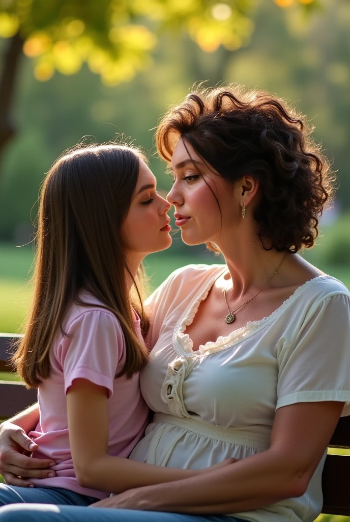 Animation, woman in her 40s, chest exposed, kissing on the lips with a 17 year old teenager in the garden