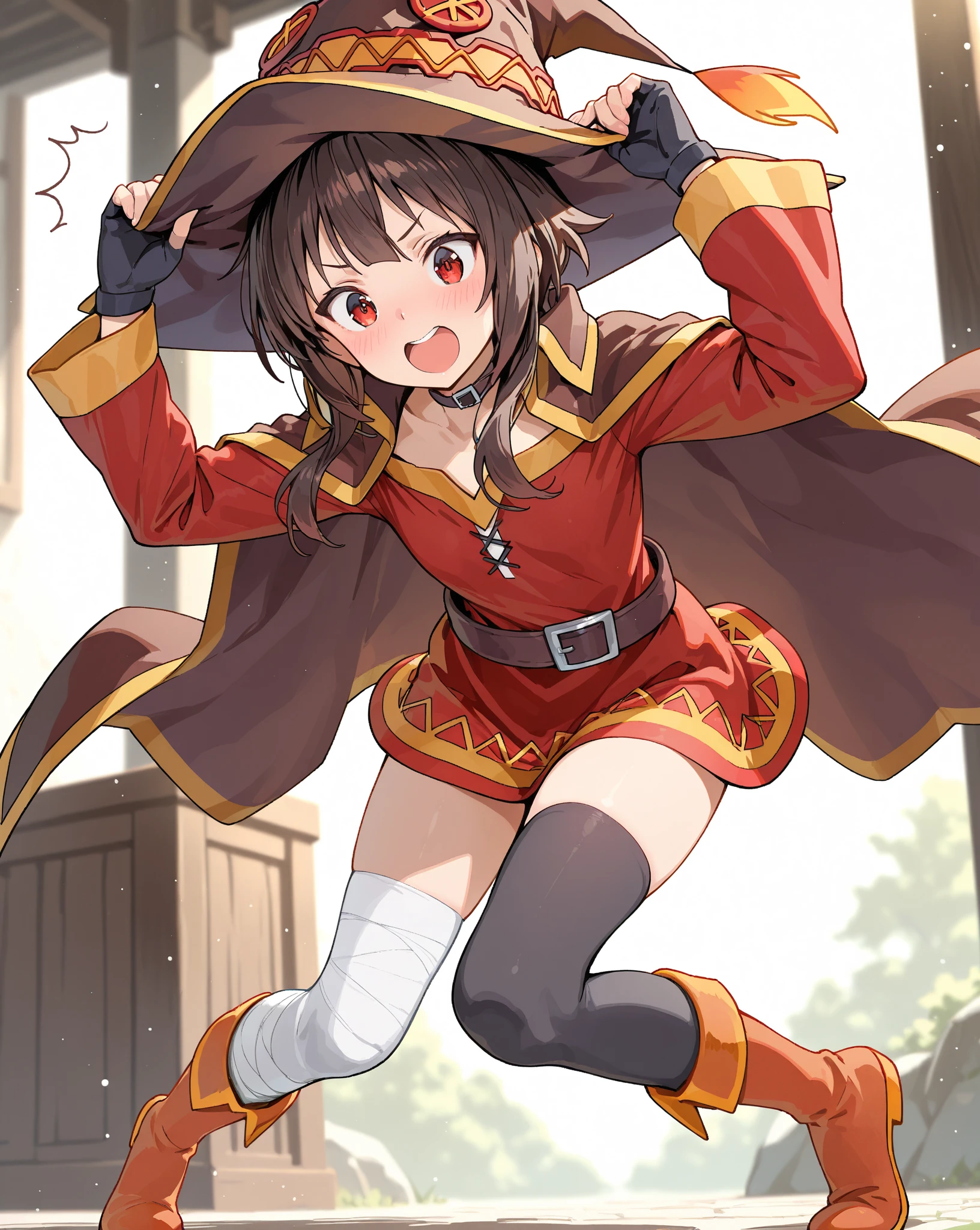 Megumin, red eyes, , normal hands, short hair, leg wrappings, dark hair, short hair, red clothes, staff, black panties, smug, antomically correct, high quality. panties pulled to side, exposed vagina