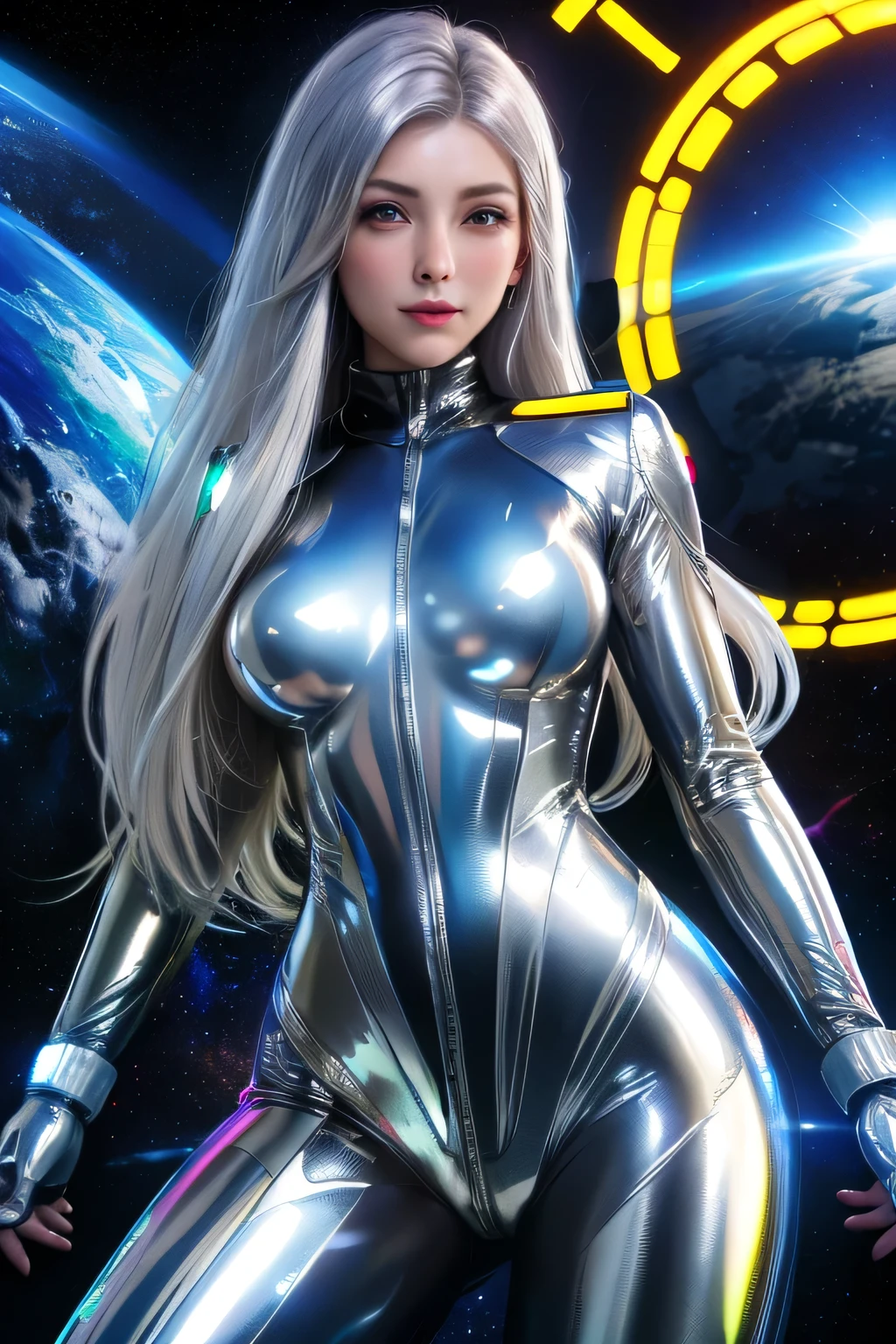 woman with ,golden-white hair,Blue eyes,,,black spacesuit