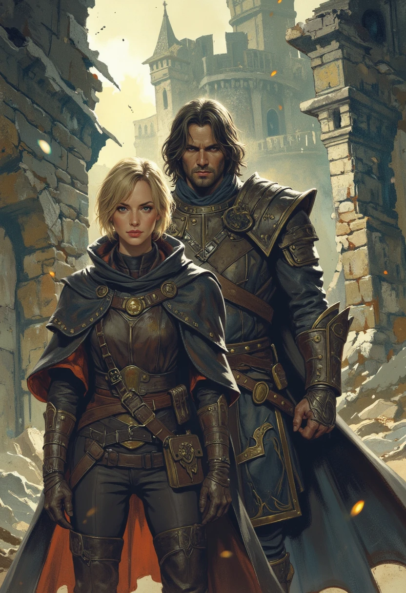 girl 30 years old, short blonde haircut, costume of a medieval robber, man 40 years old, necromancer, shoulder-length dark hair, dressed in a leather medieval hunting suit, watercolor background of a gloomy abandoned castle, dynamic pose, looking straight into the camera, post-apocalypse, flame , large strokes, bright spots, gloomy, high quality, high quality clothing