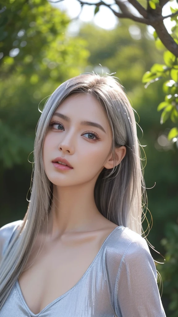 japan, high resolution, highest quality, illustration, ultra detailed, (detailed face), (detailed eyes), soft lighting, best quality, misty glow, dreamy atmosphere, hyper detailed, masterpiece, 1 girl, solo, silver hair, green eyes, knitwear, bright eyes, medium chest, (colored), cowboy shot, outdoors, evening, clouds, high rise buildings in background, industrial, public transportation, urban, buildings concrete, concrete, sidewalk, busy, trees, autumn, falling leaves,