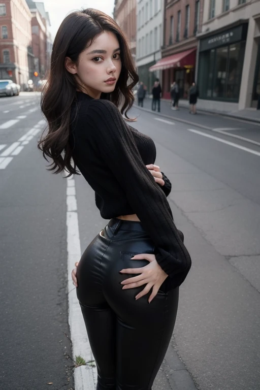 Una chica mexicana, ojos delineados, sonriente, cabello lacio muy largo, wear a tight striped skirt, will wear a sweatshirt, Cintura delgada, pechos enormes, caderas muy grandes, will be with its back to the viewer, will be in a shopping mall