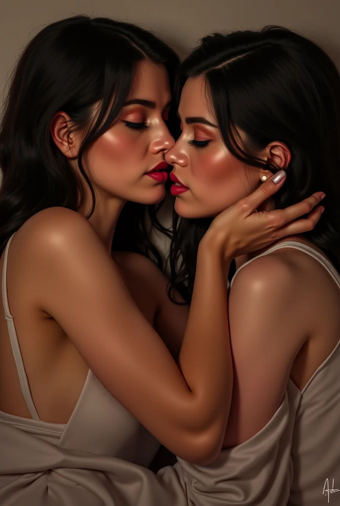 black curly hair kissing a short haired brown woman