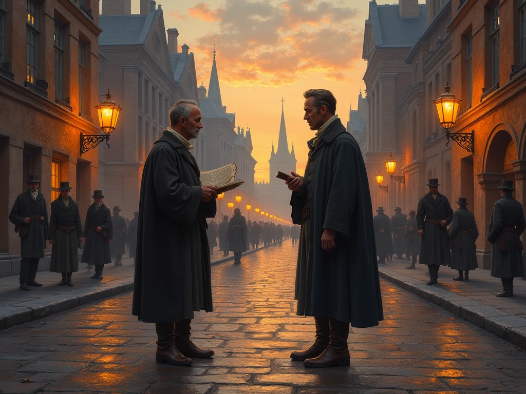 Please draw two gentlemen in the middle of a city street discussing the latest news. The painting should be in the style of a 15th-16th century color engraving. It's evening in the painting: twilight, lighted lanterns