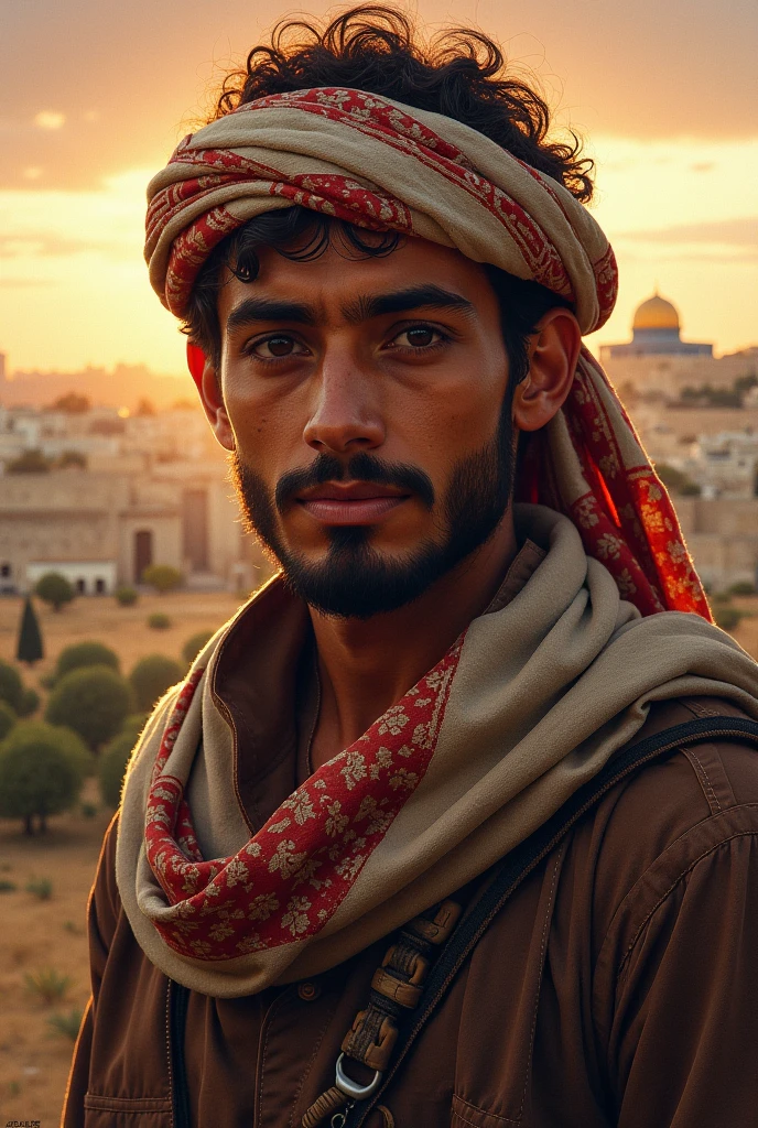 A proud and robust Afghani man in his early 30s, standing tall against the backdrop of a fiery sunset that casts long shadows across the rugged landscape. His powerful physique, honed by years of manual labor and outdoor living, is on full display as he remains shirtless, showcasing his tanned, muscular shoulders and chest. The stark contrast between the vibrant hues of the sky and the starkness of his surroundings draws the eye to his strong, angular features, which are etched with a quiet resilience that speaks of the challenges he has faced and overcome. His eyes, a piercing blue, reflect the last light of day, hinting at a depth of character beyond his physical prowess. His thick, dark hair is windswept, framing a strong jawline and a few days' growth of beard, adding a touch of ruggedness to his handsome visage. He stands with one hand resting casually on his hip, the other holding a set of traditional wooden prayer beads, suggesting a balance between his physical strength and his spiritual life. In the background, the outline of a small, earthen-colored village is visible, with a mosque's minaret rising in the distance, grounding him in his cultural heritage. The setting sun bathes the scene in a warm, golden light that accentuates the man's defined musculature and the dusty textures of the environment. The overall composition exudes a sense of silent determination and profound connection to the land that has shaped him.