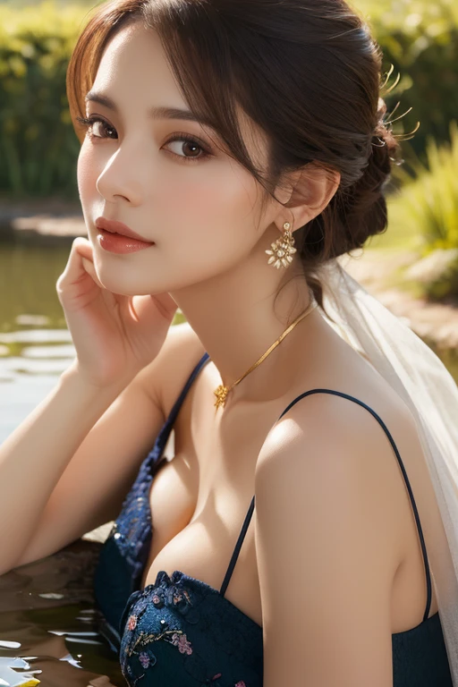 very beautiful girl; 
Age: from 18-20 years old;
skin: milk white, rosy and flawless, smooth texture, detail;
hair: long, yellow red, smooth, bồng bềnh dưới sunlight, detail;
eye: blue, charming, trang điểm high solution, true, long lanh, damp, siêu detail, super fine;
mí eye: delicate, đẹp perfect, detail;
eyebrow: cong, dear, high solution, detail;
face: beautiful like a fairy, holiness, light makeup, cân đối perfect, đẹp đến từng detail, tiêu điểm cực kỳ high solution, super fine;
nose: xinh, lovely, cao, detail;
cheekbone: prominent, detail;
lip: charming, (bright red lipstick), son bóng lovely, detail;
răng: Beaming smile, Lily-white, detail;
body: full of life, Tighten clothes, perfect;
accessory: chain, earring, bracelet;
ngực: big and full, plump nipples, Deep chest slit, toning, bó chặt với Bra, The nipples are raised high;
butt: develop, vừa khít underwear;
Bra: mesh fabric, metal thread, shiny;
underwear: colorful, bó sát body, bright red;
Image quality: masterpiece, ((Lifelike:1.3)), Highest quality, non-NSFW, 8K CG HD, high solution, Super nice graphics, professional, detail, colourful, ultrafine, advanced techniques, RAW true, ((High resolution:1.3));
light: complex color combinations, black gold rays;
sunlight: twinkle, illuminate the girl&#39;s body;
((Girl wearing a 3-hole T-shirt, quần jeans ngắn));
