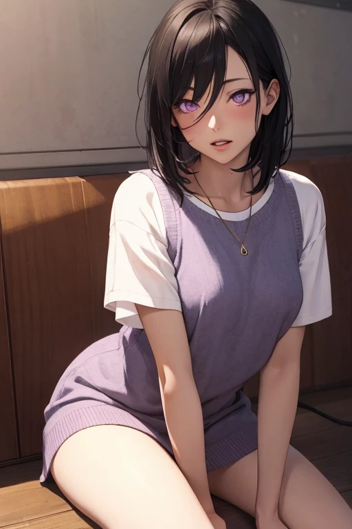 Une Japonaise de 14 ans, cheveux bleu, dark purple necklace, light gray tank top, terrified, stuck to the wall with super strong black glue in a faulty laboratory, style 3d pixar, (best quality, 4k, 8k, High resolution, chef-d'artwork:1.2), Ultra-detailed, (Realistic, photoRealistic, photo-Realistic:1.37), portraits, Des couleurs vives, studio lighting