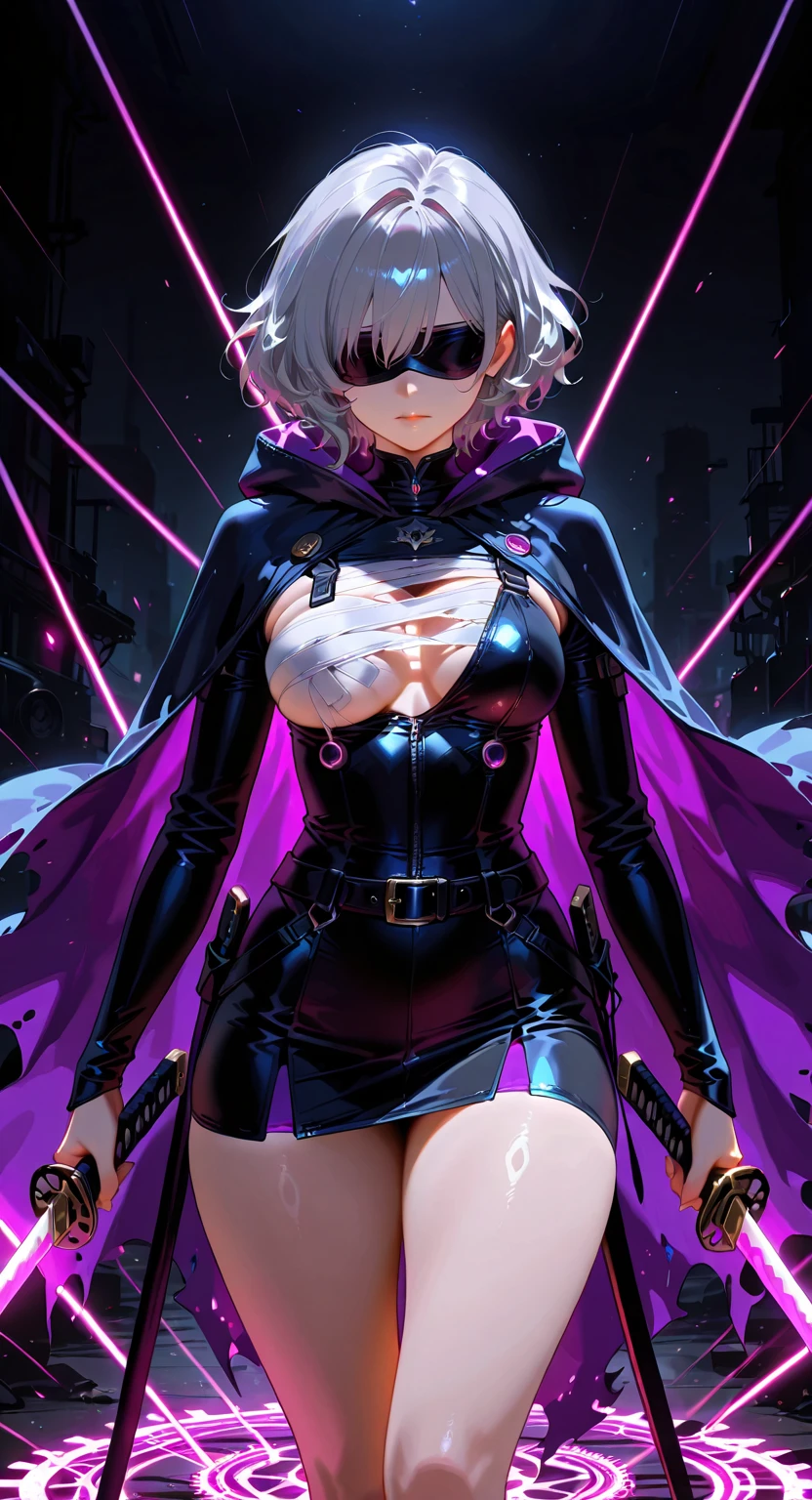 (masterpiece:1.2, best quality), (real picture, intricate details), (1lady, solo, upper body, big tits) Cyberpunk anime girl , devil mask, stylish pose, white hair, smirk, neon purple and pink touch, glow_in_the_dark, holographic, leather jacket, simple neon glow background, stylish hair, black_tinted_sunglass, ((perfect shapes sunglasses)), graffti wall background, dramatic light