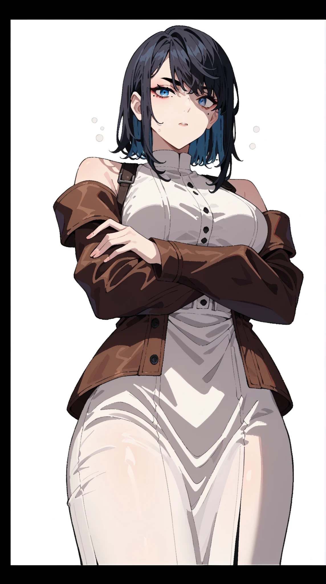 LWA 1girl as shiraki meiko,hair bun, glasses,school uniform, black thighhighs, plaid skirt, knee boots, ribbon choker, brown jacket black bodysuit, midriff, detailed eyes, detailed face, detailed skin,mature body, seductive body,large breast, medium thigh, reduced color palette, heavy lines, contrast, pastel colors, in LWA anime style