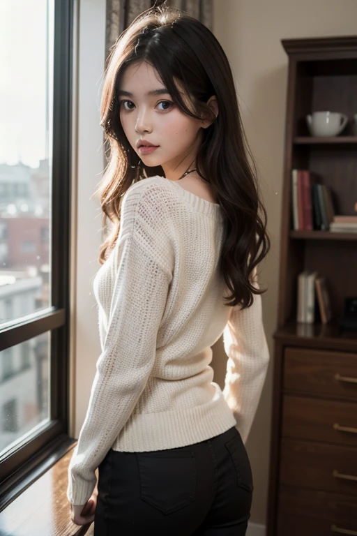 dark brown hair、Light brown eyes、The face of the Japan actress、 Lady、Looks like he's about 35 years old、(intricate-detail:1.2)、(top-quality:1.4)、 (超A high resolution:1.2)、超A high resolution、(A detailed eye)、(detailed facial features)、nffsw、8K resolution、moderately sized udder、She is wearing a warm white sweater and hiding her butt、I'm showing my ass towards me、Knees are smooth、long、length hair