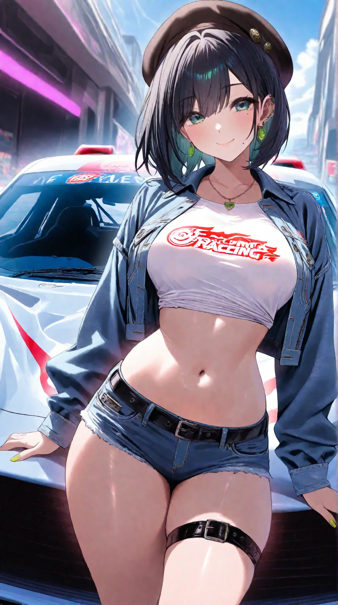 1girl, short black hair, tousled hair, messy hair, green eyes, red jacket, red and black jacket, white top, white tank top, white transparent top, sheer fabric, thin fabric, sheer top, transparent top, white transparent top, loose white top, downblouse, down blouse, no bra, pink nipples, hard nipples, erect nipples, poking nipples, belly, midriff, tomboy, boyish, masculine, androgynous, badass, sideboobs, sidebreast, sideboob, underboobs, armpit, armpits, ribcage, city, city background, pulled down unzipped skirt, low-rise, looking at viewer, full body, raised arms, raised arm, tying hair, open mouth, mound of venus, pubic mound, vagina, cyberpunk, cyberpunk city, mound of venus, pubic mound, vagina, white top, white tank top, white transparent top, sheer fabric, thin fabric, sheer top, transparent top, white transparent top, loose white top, downblouse, down blouse, no bra, pink nipples, pulled down unzipped skirt, bottomless, no panties, nopan, open vagina, going commando, open crotch, ripped skirt, mini skirt, micro skirt, visible crotch, visible vagina, smooth vagina, clitoris, labia, lactating, nude vagina, naked crotch, no pants, no panties, bottomless, naked vagina, exposed vagina, masturbating, 18+, erotic, nsfw, upskirt, masturbation, black skirt, front slit skirt, miniskirt, microskirt, ripped skirt, ripped clothes, open legs, shaved vagina, wet vagina, big clitoris, big labia, lactating breast, breastmilk