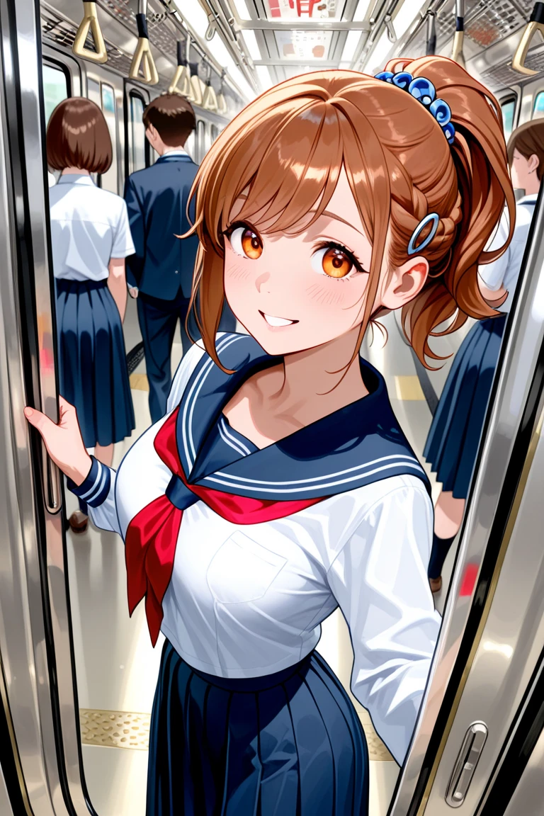 hot girl having her  on a crowded train bright brown hair、ponytail hair、 in school uniforms、long skirt、beautiful skin、Hypnotized、There is no such thing as Pizzuri with a silly face。Ethical violations are also allowed