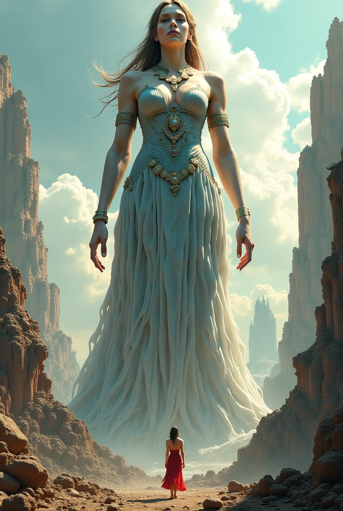 A tall man、The giant goddess of the universe,and sports and. Her toned physique and athletic figure hint at her immense strength.. She seemed to be in the cosmic nebula,Smoke and clouds rolled around her, Adds epic scale and drama. Dim Lights, gloomy, and realistic, Create tension、Ominous atmosphere. The perspective is from below, Emphasizes the sheer majesty and power of the giantess