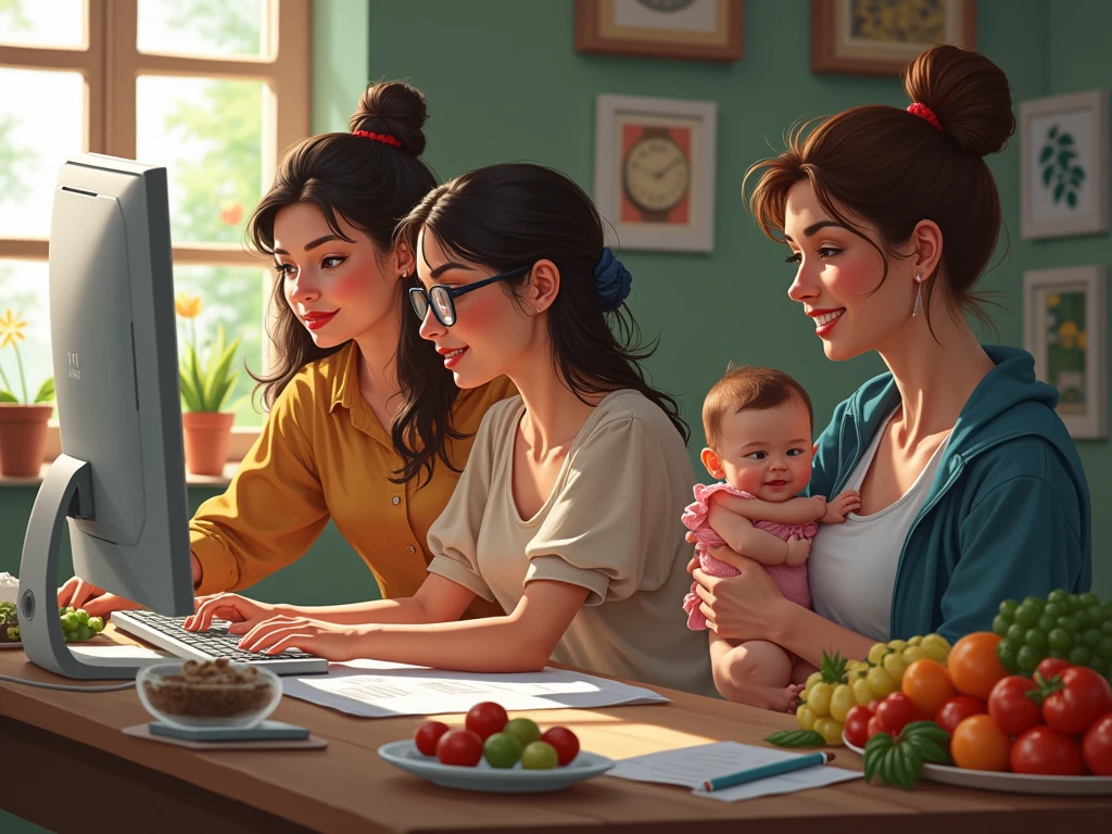 creates the image of several women, at least 4   (different ages , ethnic groups, styles, including at least one Latina and one white) undertaking : can be one in a computer, another at a local market, another with a baby in their arms. Look for a fairly realistic style