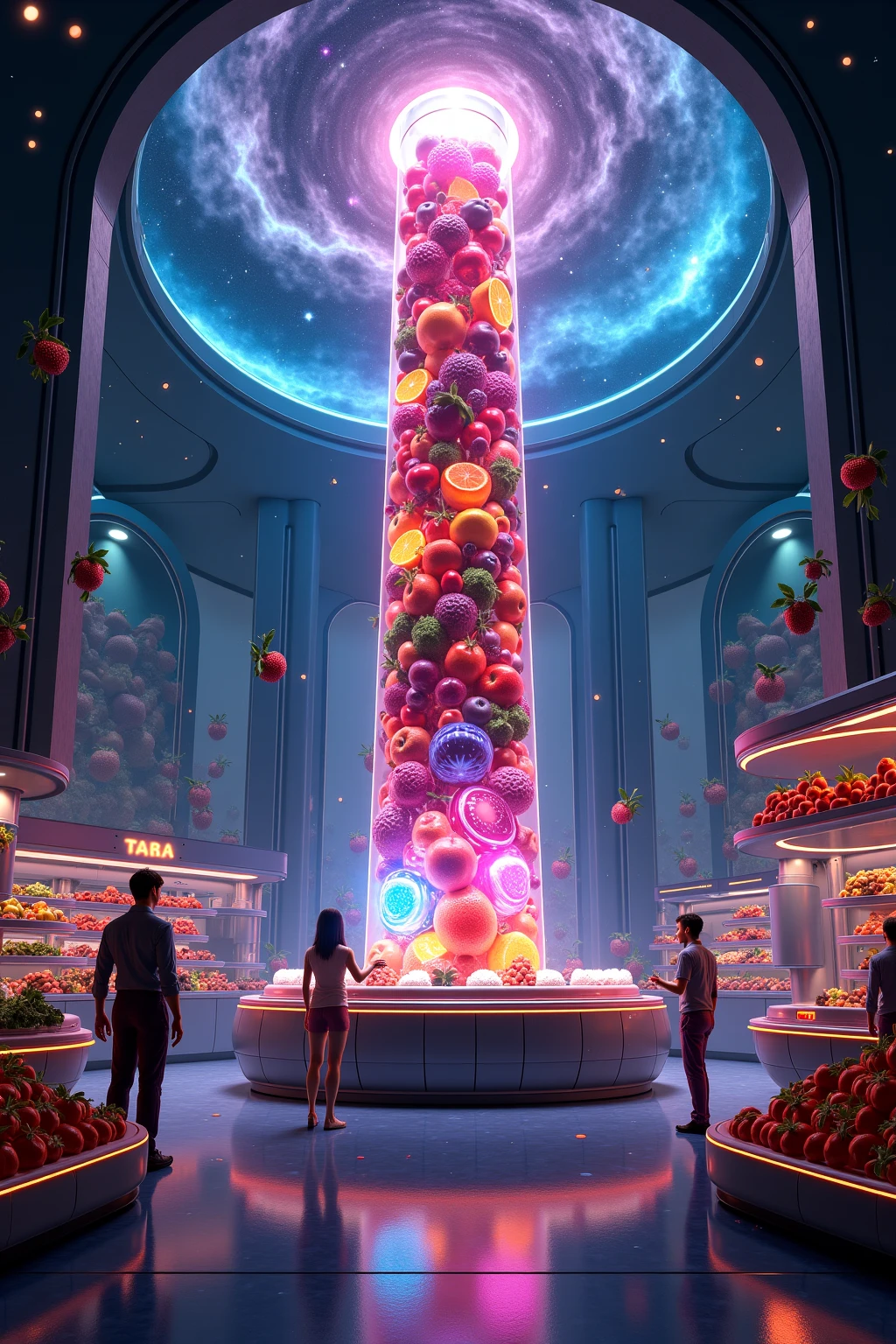Future mystery fantastic fruit juice shop in universe, galaxy fruit shop, scientific fruit juice shop, there is a allien battle war among the galaxy, super hitech fruit juice machine